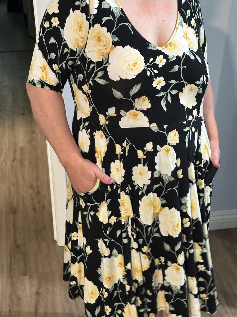 Torrid Black Midi Dress with Yellow Rose Print